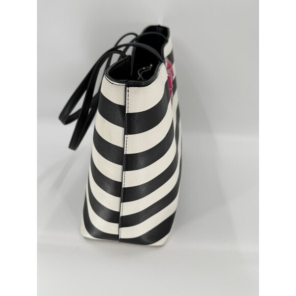 Betsey Johnson KITSCH Black White Striped Pink Bow Large Tote Shoulder Bag EUC - Picture 13 of 16